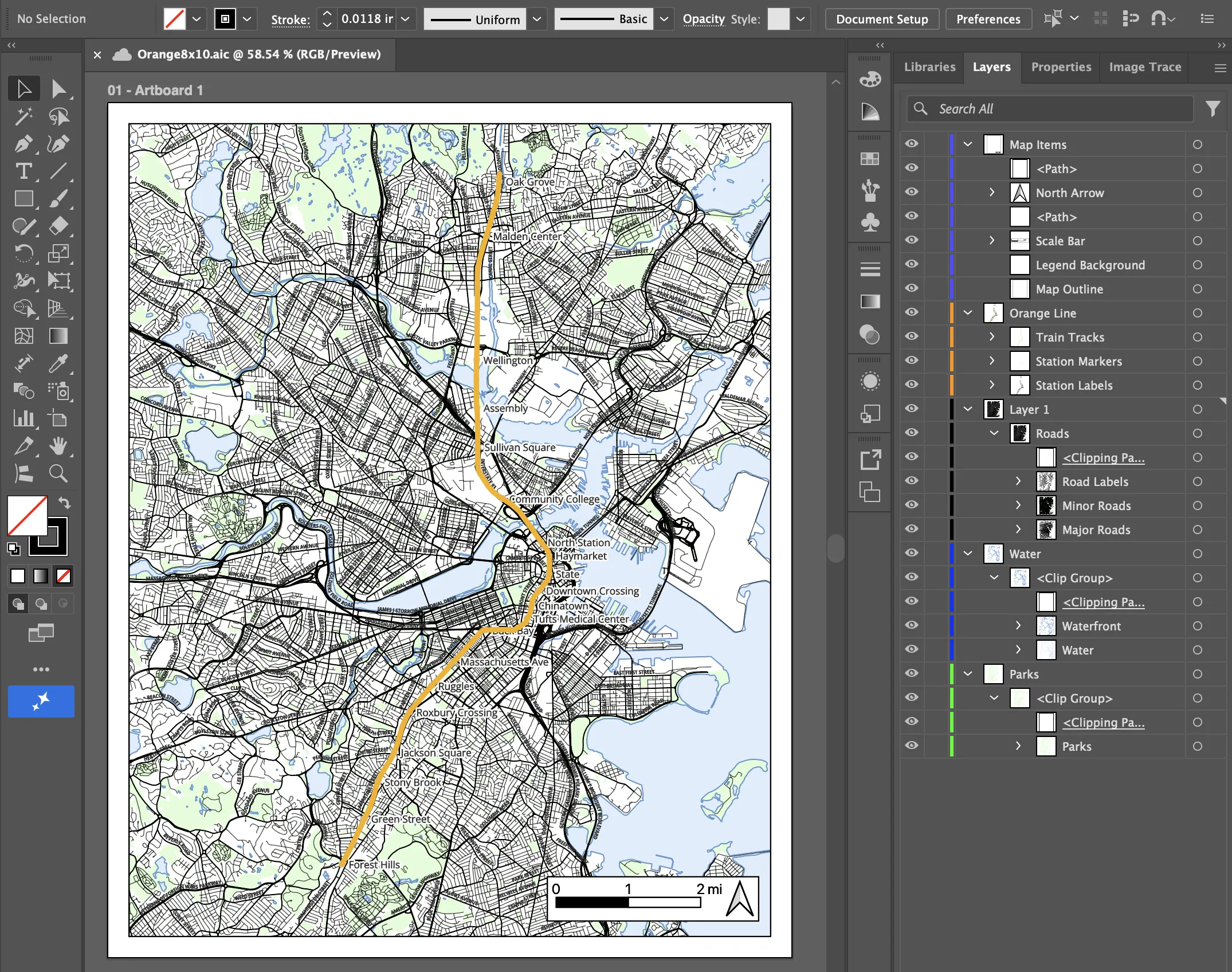 Illustrator showing organized map layers