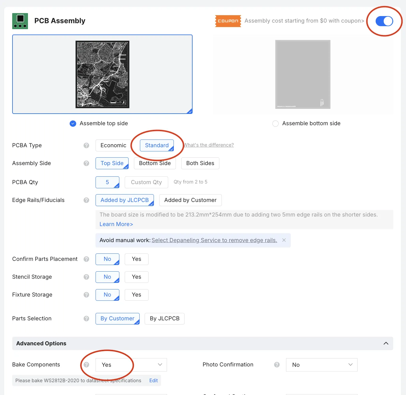 Screenshot showing JLCPCB PCB assembly page