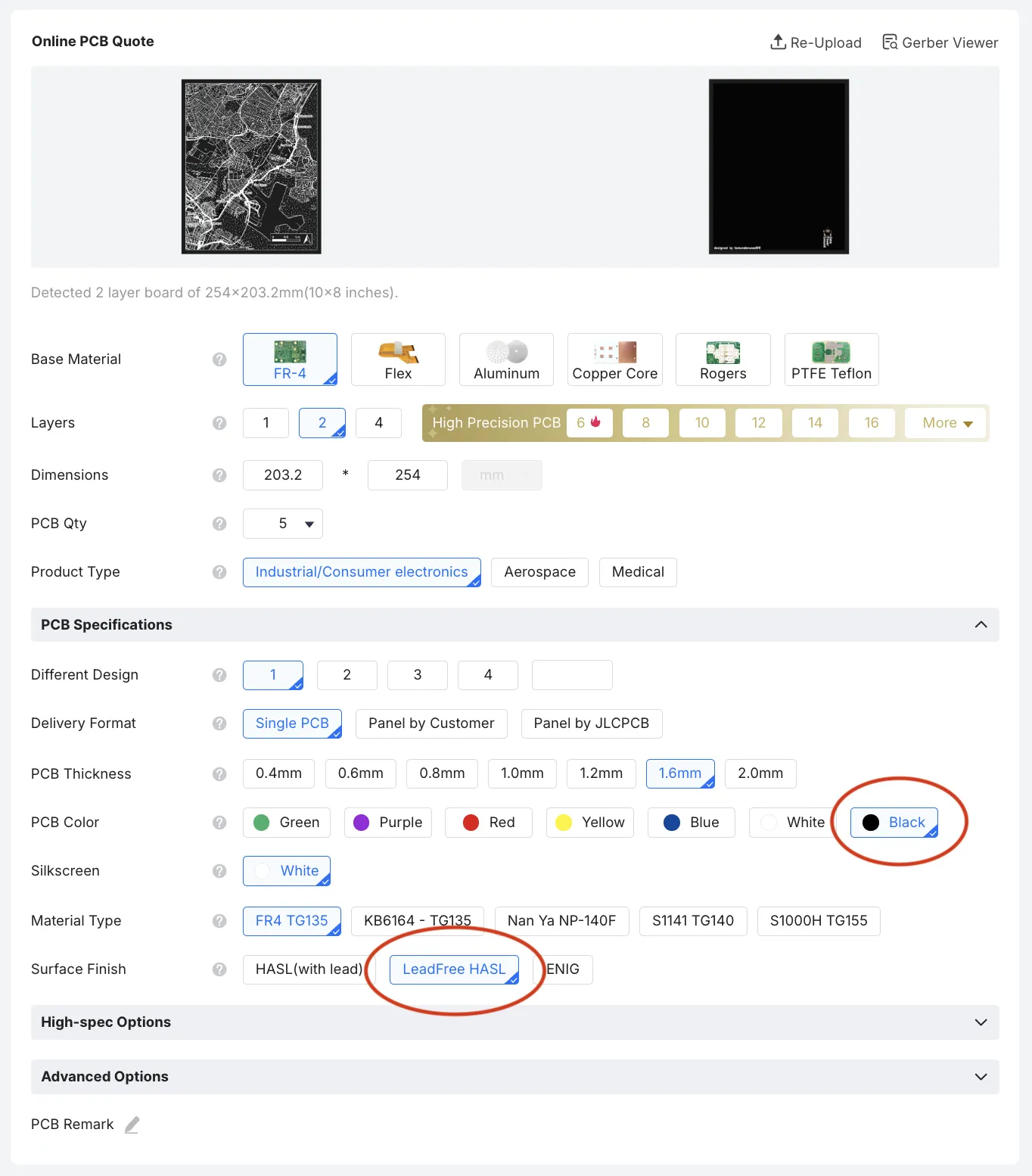Screenshot showing JLCPCB PCB ordering interface