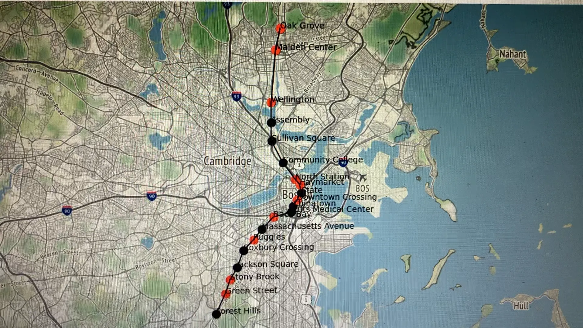 Screenshot of the first generation MBTA mapping script showing plotted trains using matplotlib.
