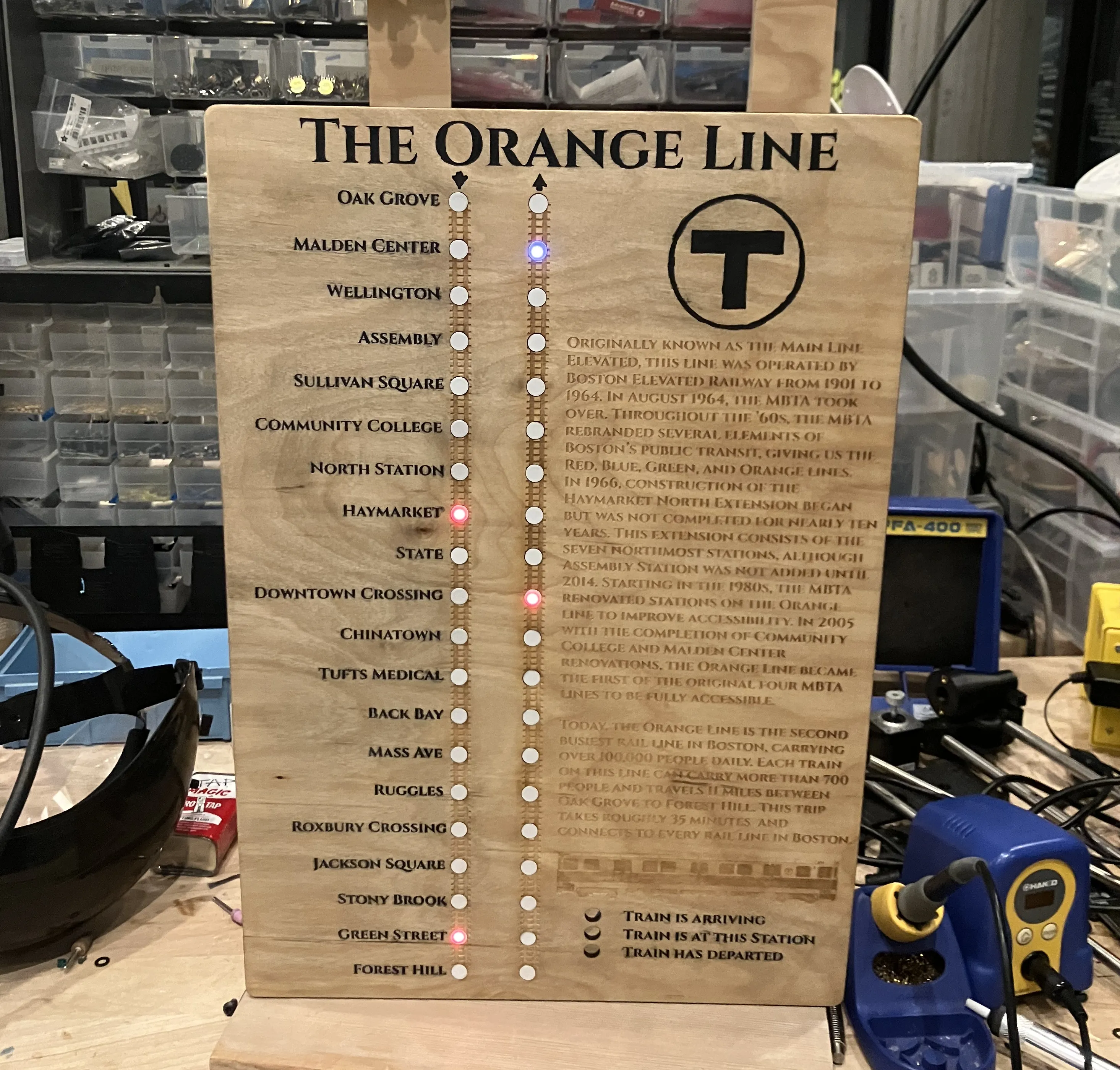 Photo of the first physical MBTA display using WS2812B-2020 strips, assembled at UCLA makerspace.
